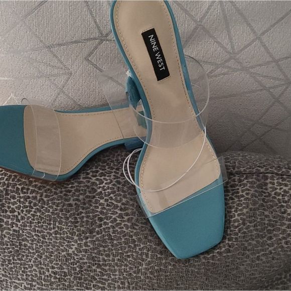 NINE WEST Heeled Slide Sandals transparent straps heels women blue turquoise blu - Picture 3 of 6